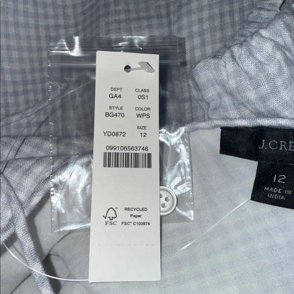 J Crew Gingham 100% Linen Midi Dress Puff Sleeve SZ 12